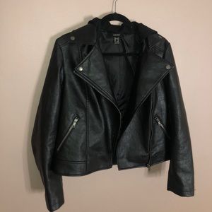 Forever21  Black Leather Jacket w/ detachable Hood
